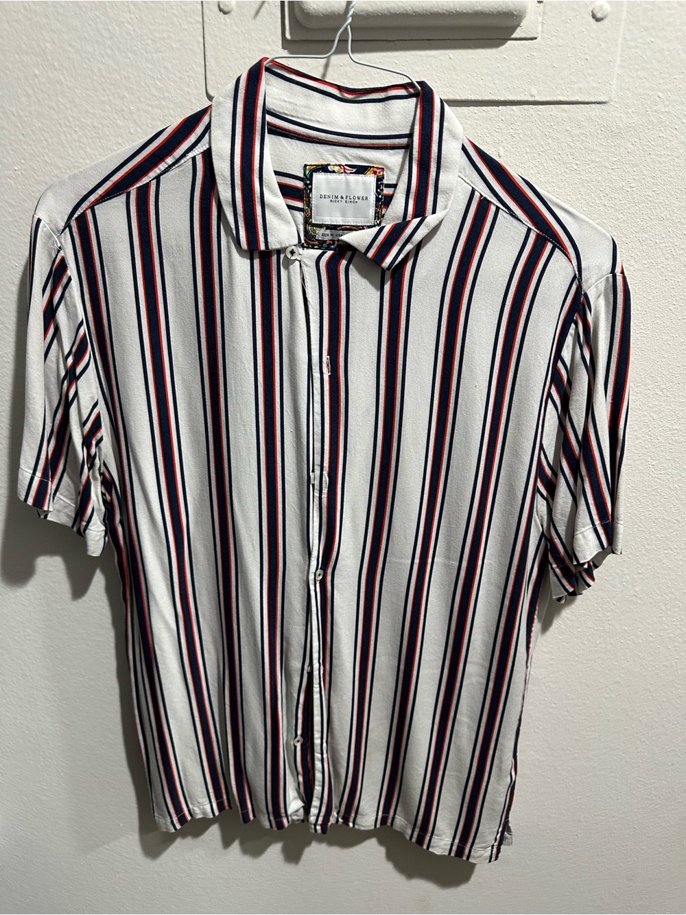 Denim & Flower White Short Sleeve Button-Up with Navy and Red Stripes